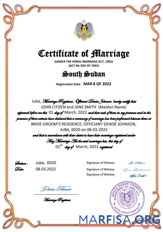 Printable South Sudan marriage certificate Word and PDF template